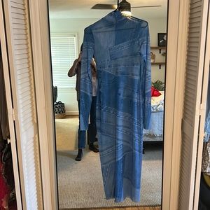 Afrm sheet midi turtle neck “denim” print dress